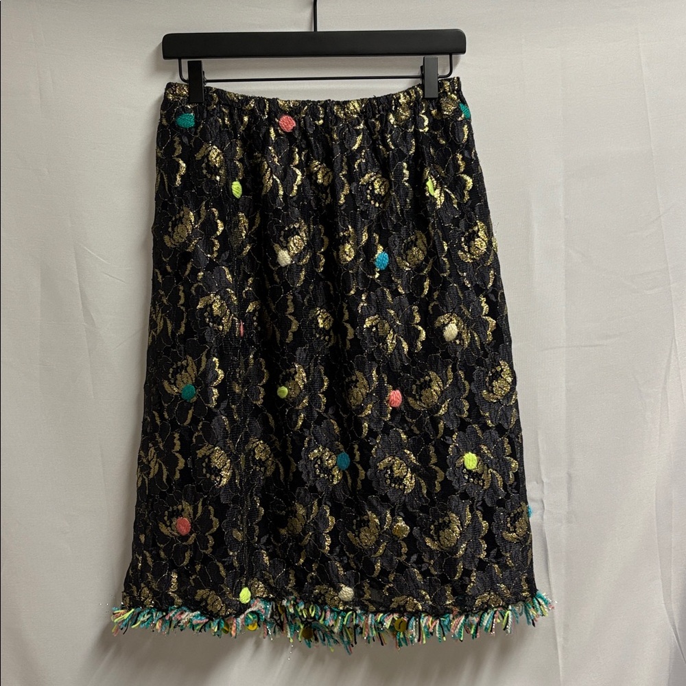 MANOUSH Lace and Yarn Embroidered Fringe Skirt Black Multi Size 40 NWT